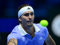 Alexander Zverev competes during the Nitto ATP Finals 2024 Group B match between Casper Ruud and Alexander Zverev at Inalpi Arena in Turin,...