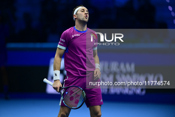 Casper Ruud plays during the Nitto ATP Finals 2024 Group B match between Casper Ruud and Alexander Zverev at Inalpi Arena in Turin, Italy, o...