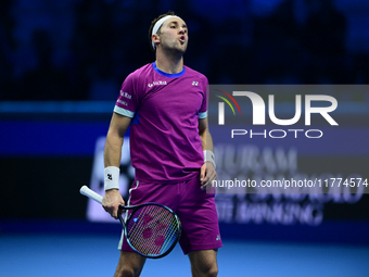 Casper Ruud plays during the Nitto ATP Finals 2024 Group B match between Casper Ruud and Alexander Zverev at Inalpi Arena in Turin, Italy, o...