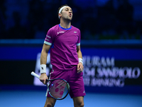 Casper Ruud plays during the Nitto ATP Finals 2024 Group B match between Casper Ruud and Alexander Zverev at Inalpi Arena in Turin, Italy, o...