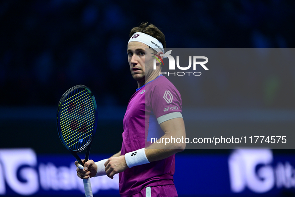 Casper Ruud plays during the Nitto ATP Finals 2024 Group B match between Casper Ruud and Alexander Zverev at Inalpi Arena in Turin, Italy, o...