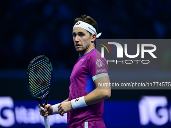 Casper Ruud plays during the Nitto ATP Finals 2024 Group B match between Casper Ruud and Alexander Zverev at Inalpi Arena in Turin, Italy, o...