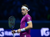 Casper Ruud plays during the Nitto ATP Finals 2024 Group B match between Casper Ruud and Alexander Zverev at Inalpi Arena in Turin, Italy, o...