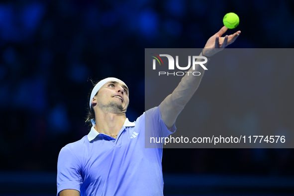 ...in action during the Nitto ATP Finals 2024 Group B match between Casper Ruud and Alexander Zverev at Inalpi Arena in Turin, Italy, on Nov...