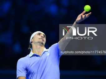 ...in action during the Nitto ATP Finals 2024 Group B match between Casper Ruud and Alexander Zverev at Inalpi Arena in Turin, Italy, on Nov...