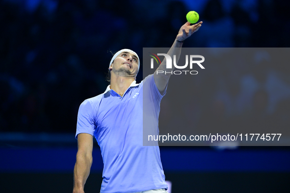 Alexander Zverev competes during the Nitto ATP Finals 2024 Group B match between Casper Ruud and Alexander Zverev at Inalpi Arena in Turin,...