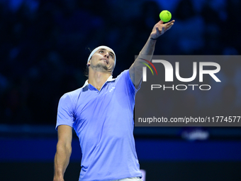 Alexander Zverev competes during the Nitto ATP Finals 2024 Group B match between Casper Ruud and Alexander Zverev at Inalpi Arena in Turin,...