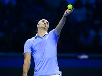 Alexander Zverev competes during the Nitto ATP Finals 2024 Group B match between Casper Ruud and Alexander Zverev at Inalpi Arena in Turin,...