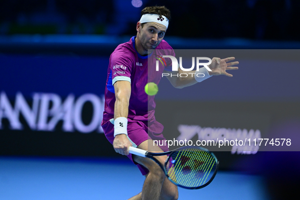 ...in action during the Nitto ATP Finals 2024 Group B match between Casper Ruud and Alexander Zverev at Inalpi Arena in Turin, Italy, on Nov...