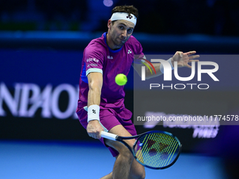 ...in action during the Nitto ATP Finals 2024 Group B match between Casper Ruud and Alexander Zverev at Inalpi Arena in Turin, Italy, on Nov...