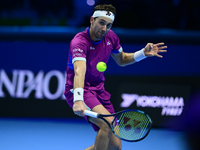 ...in action during the Nitto ATP Finals 2024 Group B match between Casper Ruud and Alexander Zverev at Inalpi Arena in Turin, Italy, on Nov...