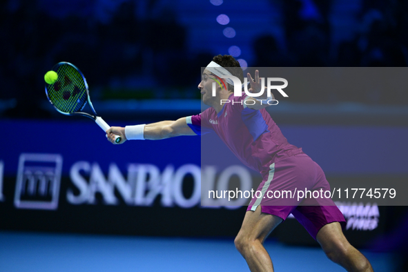 ...in action during the Nitto ATP Finals 2024 Group B match between Casper Ruud and Alexander Zverev at Inalpi Arena in Turin, Italy, on Nov...