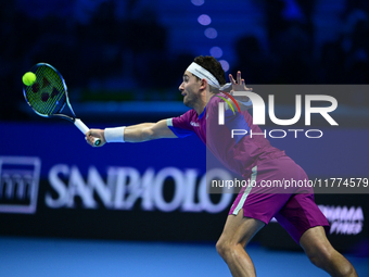 ...in action during the Nitto ATP Finals 2024 Group B match between Casper Ruud and Alexander Zverev at Inalpi Arena in Turin, Italy, on Nov...