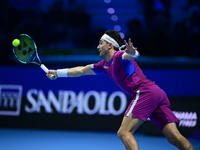 ...in action during the Nitto ATP Finals 2024 Group B match between Casper Ruud and Alexander Zverev at Inalpi Arena in Turin, Italy, on Nov...