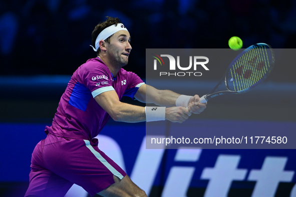 Casper Ruud plays during the Nitto ATP Finals 2024 Group B match between Casper Ruud and Alexander Zverev at Inalpi Arena in Turin, Italy, o...