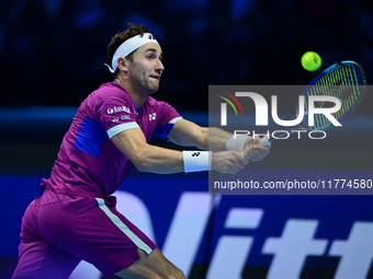 Casper Ruud plays during the Nitto ATP Finals 2024 Group B match between Casper Ruud and Alexander Zverev at Inalpi Arena in Turin, Italy, o...