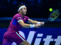 Casper Ruud plays during the Nitto ATP Finals 2024 Group B match between Casper Ruud and Alexander Zverev at Inalpi Arena in Turin, Italy, o...