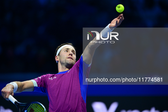 Casper Ruud plays during the Nitto ATP Finals 2024 Group B match between Casper Ruud and Alexander Zverev at Inalpi Arena in Turin, Italy, o...