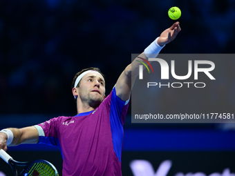 Casper Ruud plays during the Nitto ATP Finals 2024 Group B match between Casper Ruud and Alexander Zverev at Inalpi Arena in Turin, Italy, o...