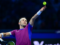 Casper Ruud plays during the Nitto ATP Finals 2024 Group B match between Casper Ruud and Alexander Zverev at Inalpi Arena in Turin, Italy, o...