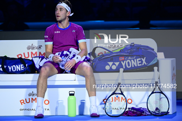 Casper Ruud plays during the Nitto ATP Finals 2024 Group B match between Casper Ruud and Alexander Zverev at Inalpi Arena in Turin, Italy, o...