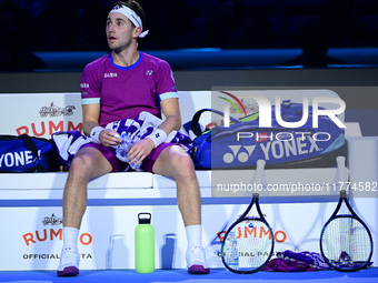 Casper Ruud plays during the Nitto ATP Finals 2024 Group B match between Casper Ruud and Alexander Zverev at Inalpi Arena in Turin, Italy, o...