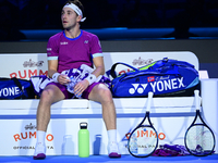 Casper Ruud plays during the Nitto ATP Finals 2024 Group B match between Casper Ruud and Alexander Zverev at Inalpi Arena in Turin, Italy, o...