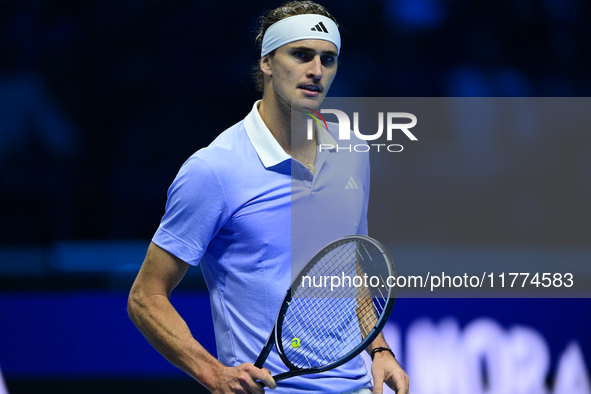 Alexander Zverev competes during the Nitto ATP Finals 2024 Group B match between Casper Ruud and Alexander Zverev at Inalpi Arena in Turin,...