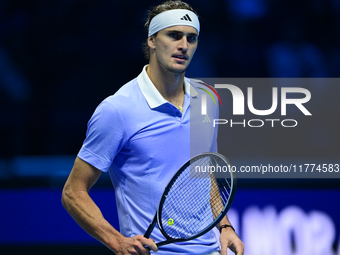 Alexander Zverev competes during the Nitto ATP Finals 2024 Group B match between Casper Ruud and Alexander Zverev at Inalpi Arena in Turin,...