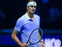 Alexander Zverev competes during the Nitto ATP Finals 2024 Group B match between Casper Ruud and Alexander Zverev at Inalpi Arena in Turin,...