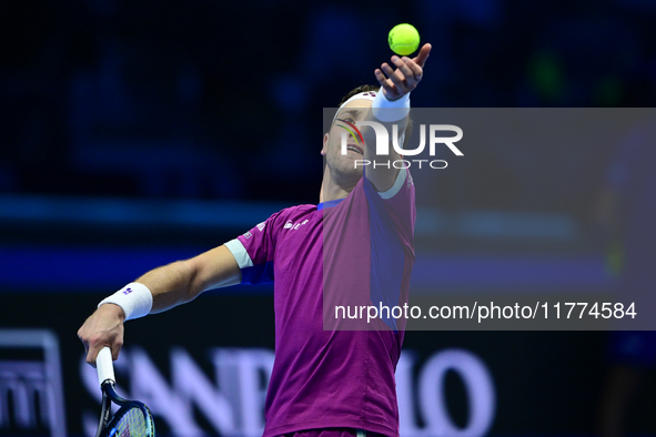 Casper Ruud plays during the Nitto ATP Finals 2024 Group B match between Casper Ruud and Alexander Zverev at Inalpi Arena in Turin, Italy, o...