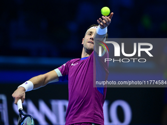 Casper Ruud plays during the Nitto ATP Finals 2024 Group B match between Casper Ruud and Alexander Zverev at Inalpi Arena in Turin, Italy, o...