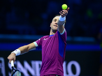 Casper Ruud plays during the Nitto ATP Finals 2024 Group B match between Casper Ruud and Alexander Zverev at Inalpi Arena in Turin, Italy, o...