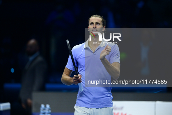 Alexander Zverev competes during the Nitto ATP Finals 2024 Group B match between Casper Ruud and Alexander Zverev at Inalpi Arena in Turin,...