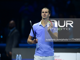 Alexander Zverev competes during the Nitto ATP Finals 2024 Group B match between Casper Ruud and Alexander Zverev at Inalpi Arena in Turin,...