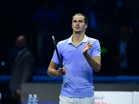 Alexander Zverev competes during the Nitto ATP Finals 2024 Group B match between Casper Ruud and Alexander Zverev at Inalpi Arena in Turin,...