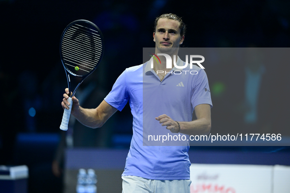 Alexander Zverev competes during the Nitto ATP Finals 2024 Group B match between Casper Ruud and Alexander Zverev at Inalpi Arena in Turin,...