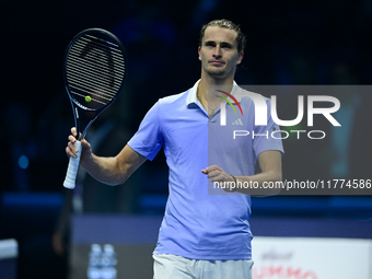 Alexander Zverev competes during the Nitto ATP Finals 2024 Group B match between Casper Ruud and Alexander Zverev at Inalpi Arena in Turin,...