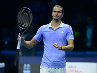 Alexander Zverev competes during the Nitto ATP Finals 2024 Group B match between Casper Ruud and Alexander Zverev at Inalpi Arena in Turin,...