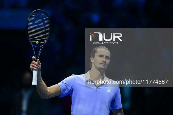 Alexander Zverev competes during the Nitto ATP Finals 2024 Group B match between Casper Ruud and Alexander Zverev at Inalpi Arena in Turin,...