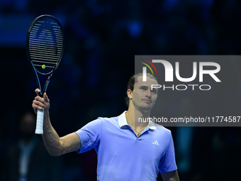 Alexander Zverev competes during the Nitto ATP Finals 2024 Group B match between Casper Ruud and Alexander Zverev at Inalpi Arena in Turin,...