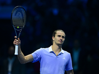 Alexander Zverev competes during the Nitto ATP Finals 2024 Group B match between Casper Ruud and Alexander Zverev at Inalpi Arena in Turin,...