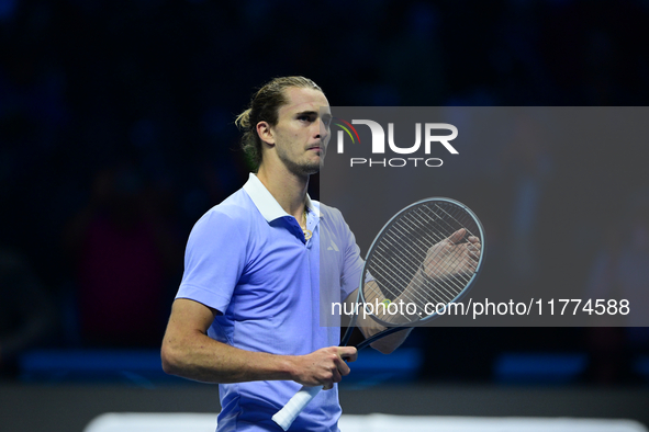 Alexander Zverev competes during the Nitto ATP Finals 2024 Group B match between Casper Ruud and Alexander Zverev at Inalpi Arena in Turin,...