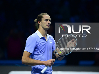 Alexander Zverev competes during the Nitto ATP Finals 2024 Group B match between Casper Ruud and Alexander Zverev at Inalpi Arena in Turin,...