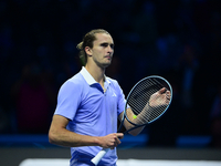 Alexander Zverev competes during the Nitto ATP Finals 2024 Group B match between Casper Ruud and Alexander Zverev at Inalpi Arena in Turin,...