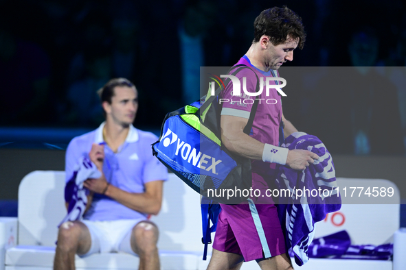 Casper Ruud plays during the Nitto ATP Finals 2024 Group B match between Casper Ruud and Alexander Zverev at Inalpi Arena in Turin, Italy, o...