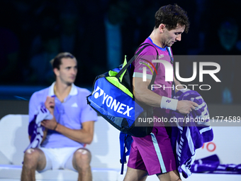 Casper Ruud plays during the Nitto ATP Finals 2024 Group B match between Casper Ruud and Alexander Zverev at Inalpi Arena in Turin, Italy, o...