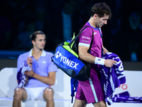 Casper Ruud plays during the Nitto ATP Finals 2024 Group B match between Casper Ruud and Alexander Zverev at Inalpi Arena in Turin, Italy, o...