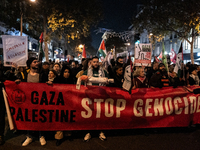 Protesters hold placards and wave Palestinian flags during a rally organized by political parties (La France Insoumise - LFI, Les Ecologiste...