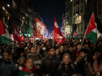 Protesters hold placards and wave Palestinian flags during a rally organized by political parties (La France Insoumise - LFI, Les Ecologiste...